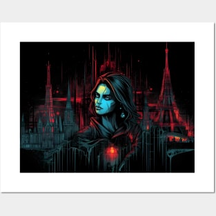 Paris Cyber Siren A Cyberpunk Cityscape with a Cyborg Woman Posters and Art